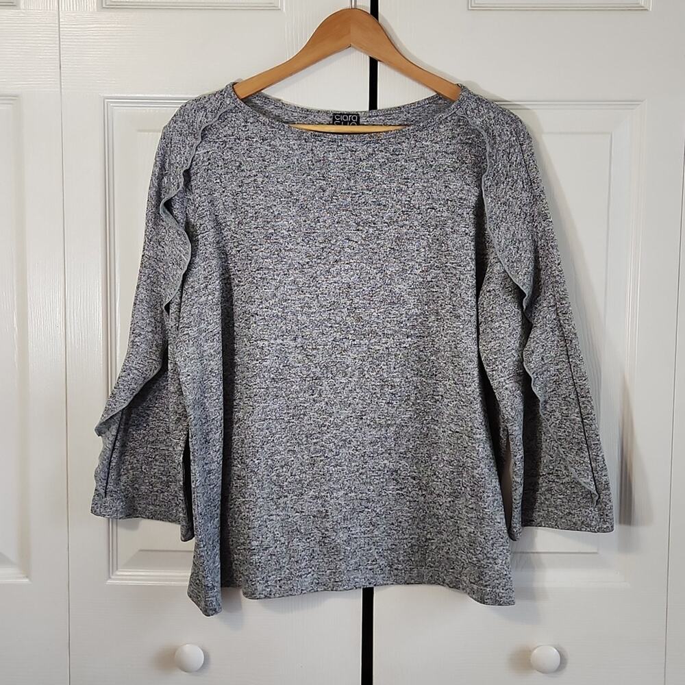 Clara Sun Woo Women's Heathered Gray Sweater Size LG‎ Ruffle Sleeve Neutral USA